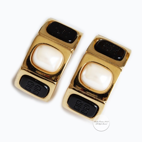 Givenchy Earrings Embossed Logo Stone Faux Pearl Gold Metal Clip Style Vintage - Picture 2 of 12